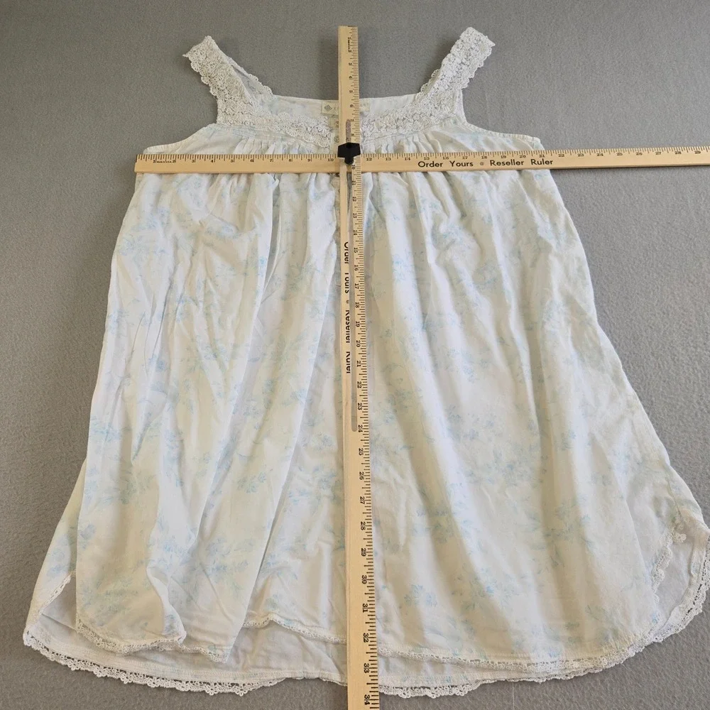 Eileen West Nightgown Womens Large White Blue Floral Cotton Lace Trim Sleeveless